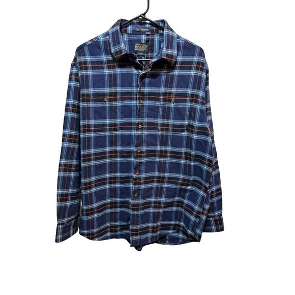 Pendleton work shirt button up plaid cotton blue red white sz L elbow pads! - Picture 1 of 7